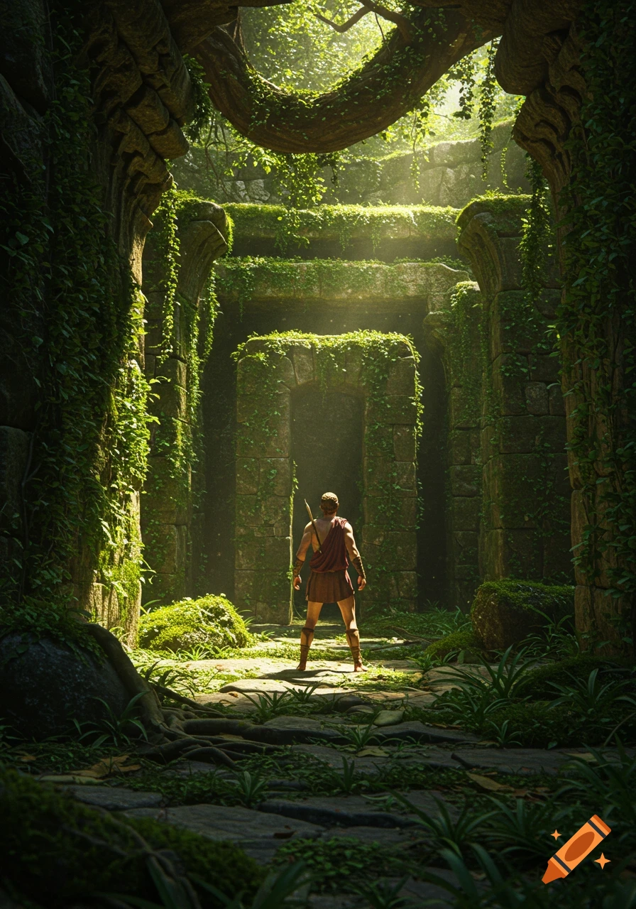 A man stands in a sunlit, overgrown ancient stone labyrinth in a jungle, facing mysterious passages.