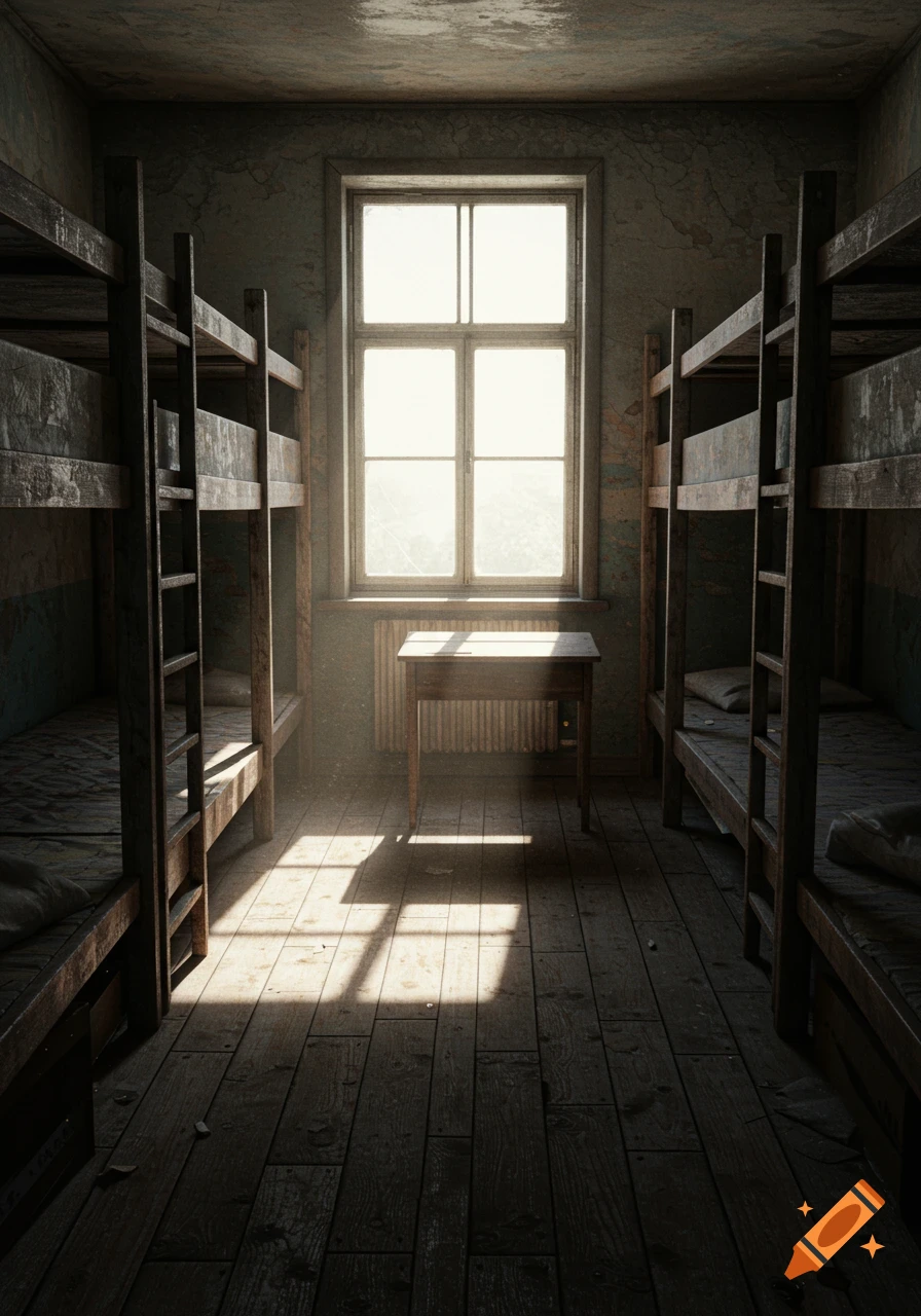 Photorealistic image of a rundown room with bunk beds, a table, and a bright window casting light on a dusty wooden floor.