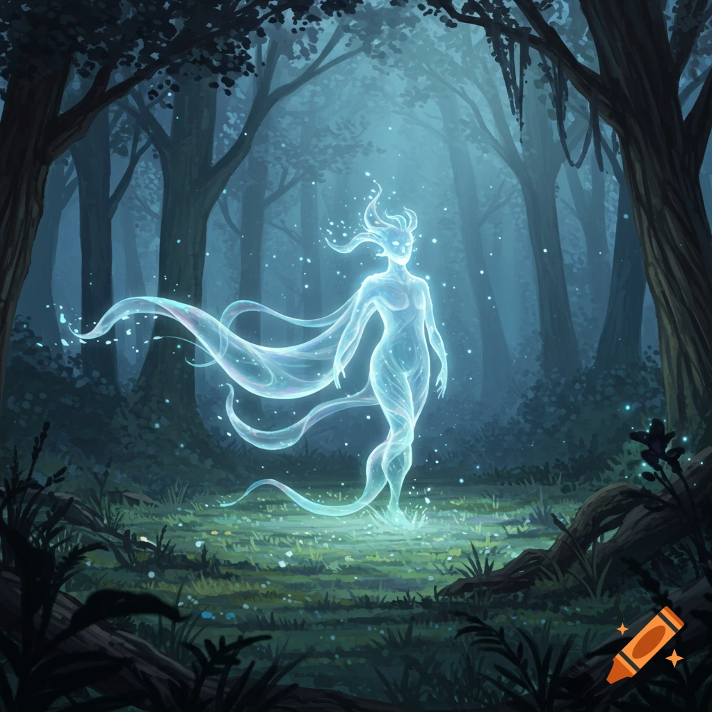 An ethereal, glowing female spirit figure stands in a mystical, dark forest with sparkling light.