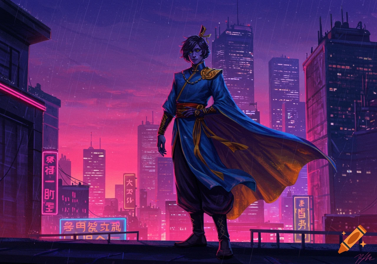 A dark-haired character in a blue and gold outfit stands on a rooftop overlooking a neon-lit cyberpunk city at sunset.