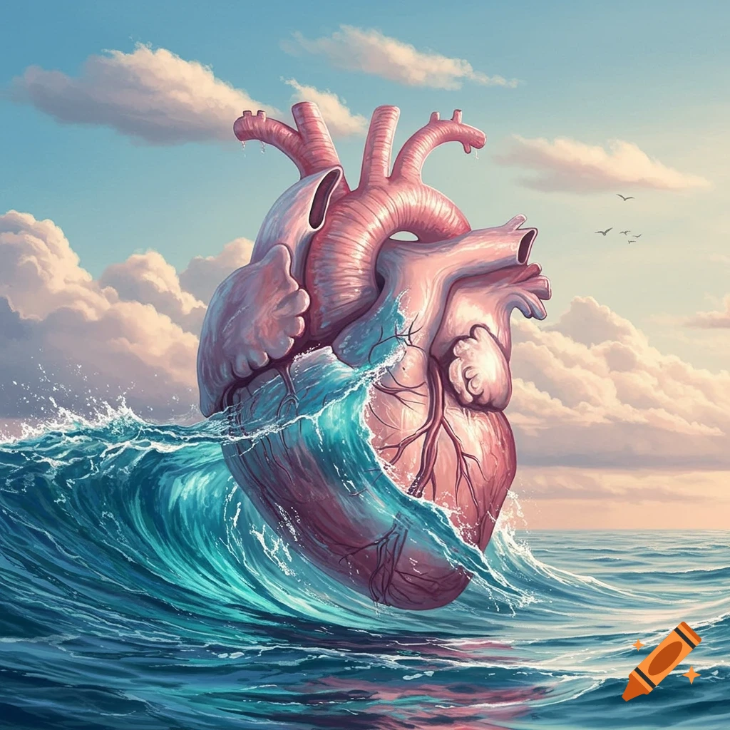 A stylized anatomical human heart emerging from ocean waves under a cloudy sky.
