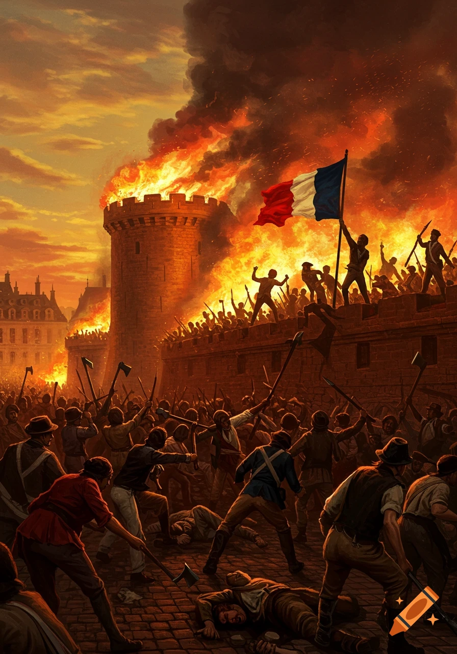 Dramatic illustration of the Storming of the Bastille, with an angry crowd, a burning fortress, and the French flag.