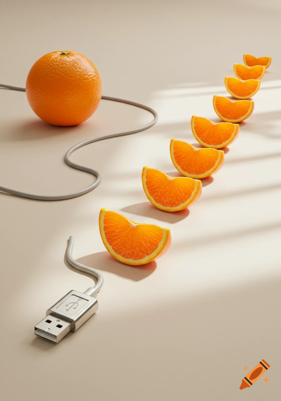 A whole orange connected by a gray USB cable to a series of orange slices, with the USB plug visible.