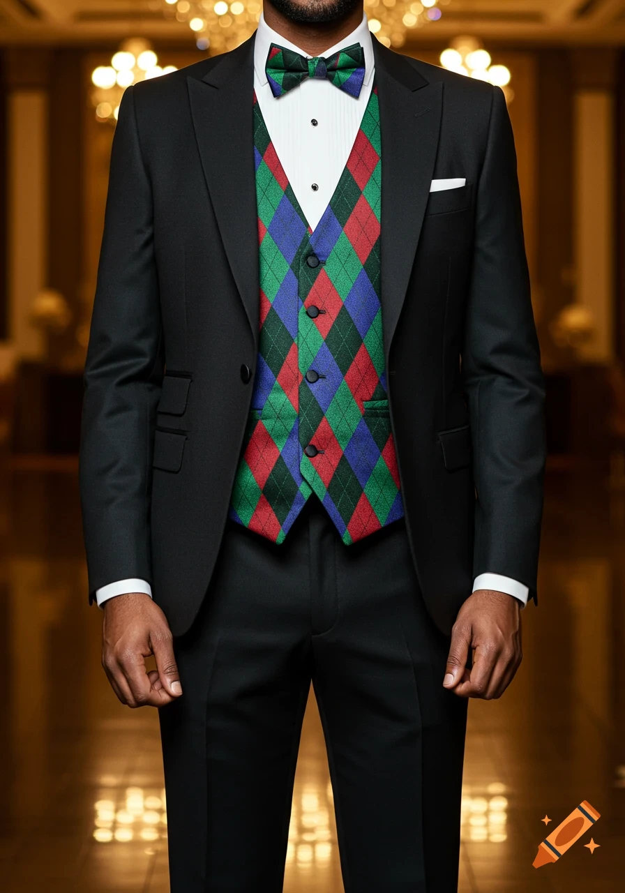 A man in a black tuxedo with a vibrant red, blue, and green argyle vest and matching bowtie, standing in an elegant interior.