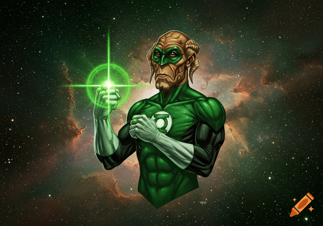 A detailed comic art illustration of an alien Green Lantern with horns, glowing with green energy against a cosmic background.