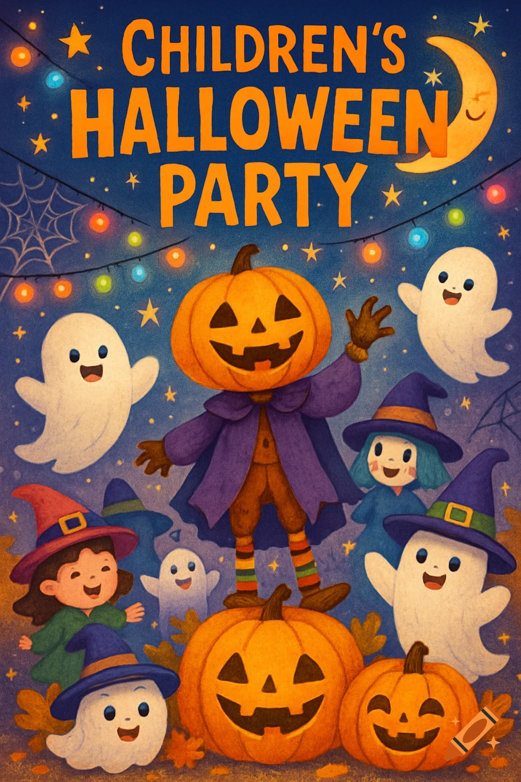 Illustration of a vibrant children's Halloween party poster with a pumpkin character, ghosts, and kids in witch hats under a starry sky.