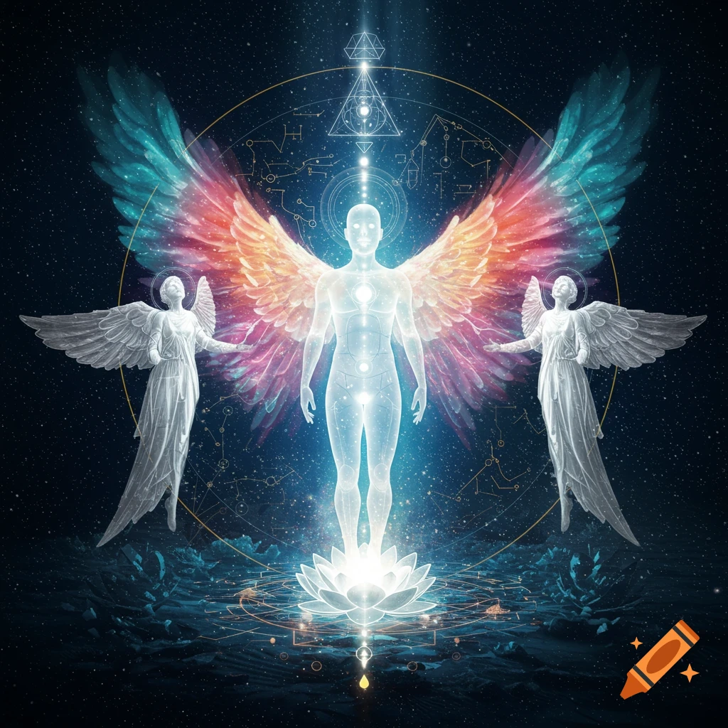 Glowing ethereal human figure with rainbow wings, flanked by two white angels, stands on a lotus in a cosmic, spiritual setting.
