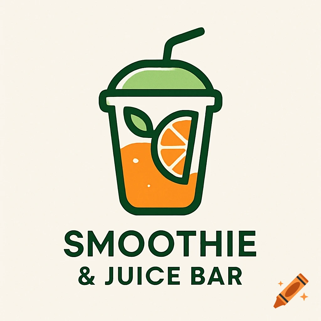 Logo for Smoothie & Juice Bar: A green and orange cup icon with a straw, orange slice, and leaf, above 'SMOOTHIE & JUICE BAR' text.
