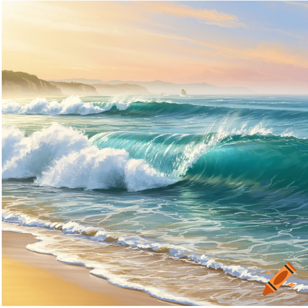Painterly scene of a sunny beach with large turquoise waves crashing onto the sandy shore, distant cliffs under a warm sky.
