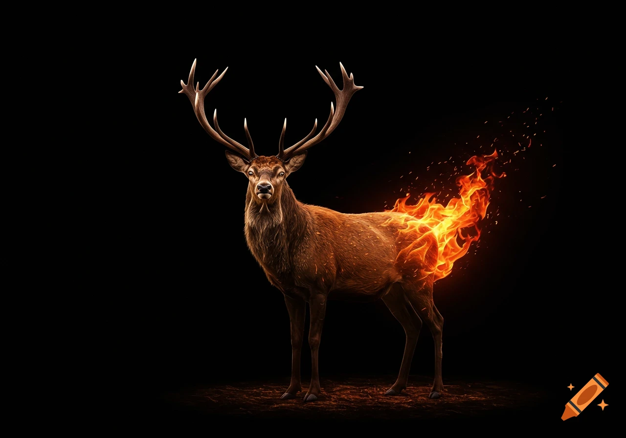A photorealistic male deer with large antlers and a fiery tail stands against a black background.