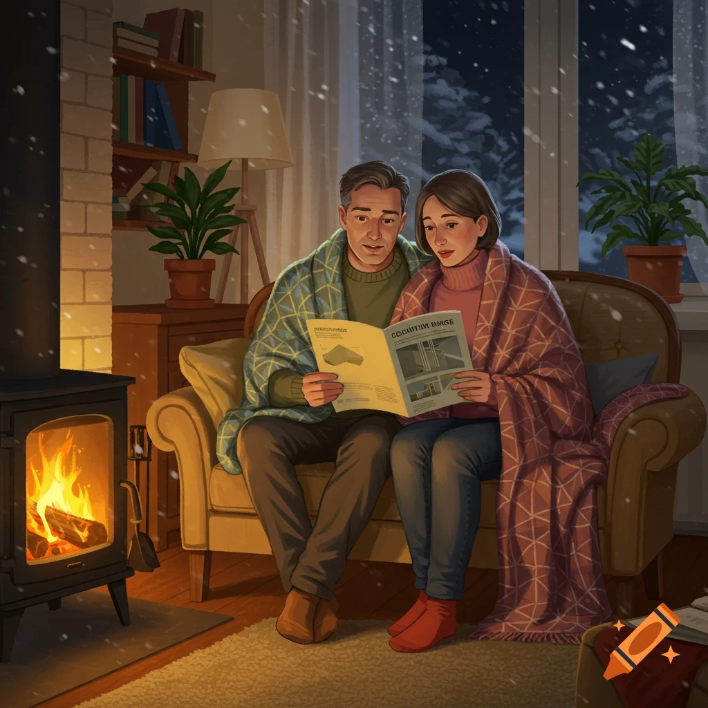 An illustrative image of a couple bundled in blankets, reading a magazine by a warm fireplace on a snowy night.