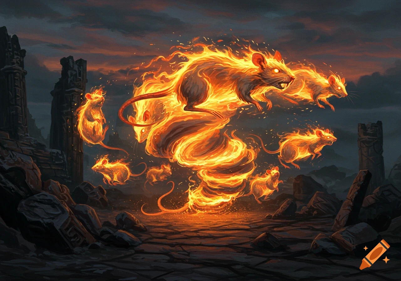 A digital illustration of a swarm of rats made from fire, swirling in a fiery vortex amidst ancient ruins at dusk.