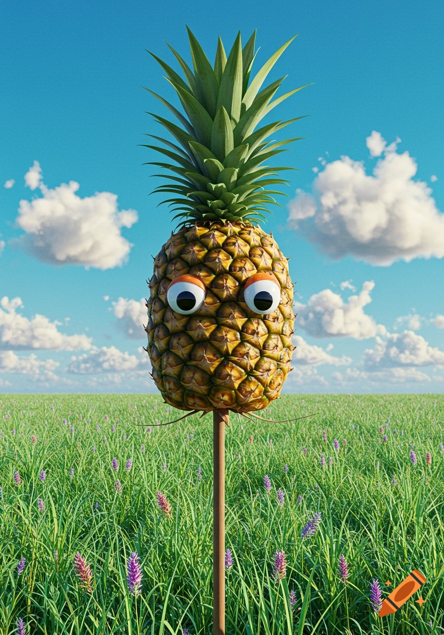Hyperrealistic image of a pineapple with googly eyes on a tall stick in a vibrant green field under a blue sky.