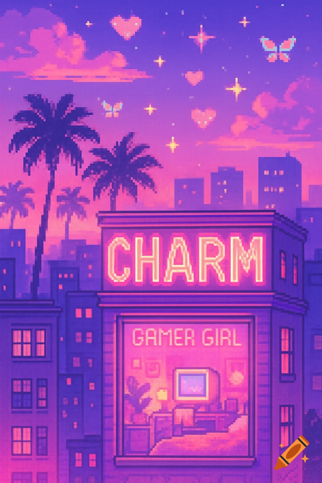 Pixel art vaporwave cityscape at sunset with pink and purple sky, palm trees, and a building featuring 'CHARM' and 'GAMER GIRL' neon signs.