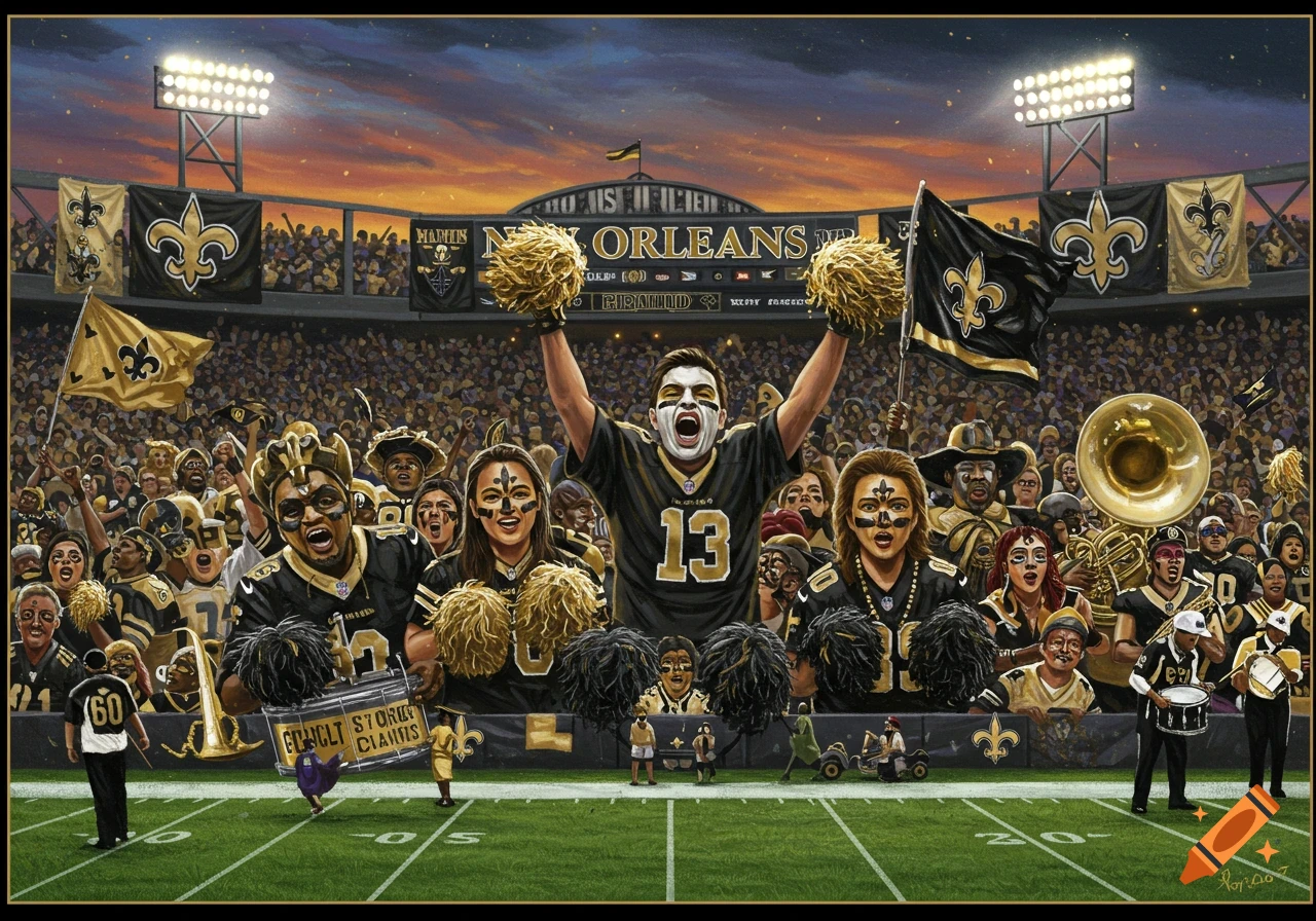 A vibrant painting of a packed football stadium, showing excited New Orleans Saints fans with face paint, cheerleaders, and a marching band celebrating at sunset.