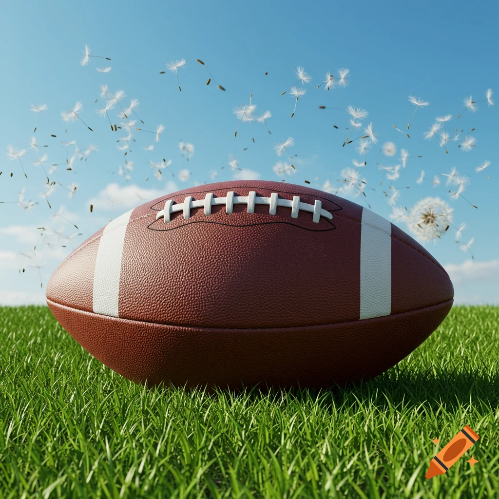 A close-up, photorealistic view of a brown American football lying on green grass under a clear blue sky with dandelion seeds blowing in the wind.