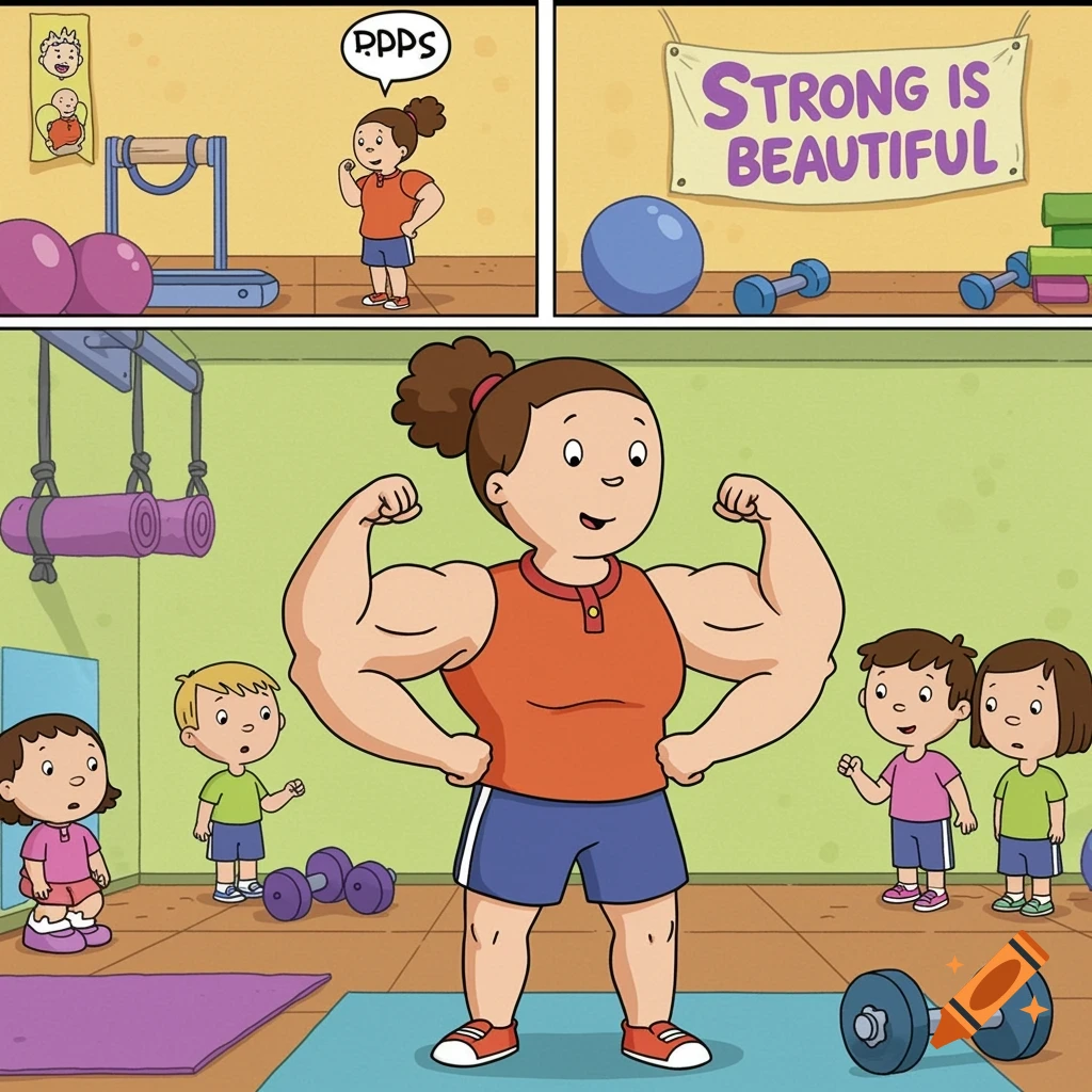 A cartoon comic strip shows a muscular woman flexing in a gym while children watch. A banner reads 'STRONG IS BEAUTIFUL'.