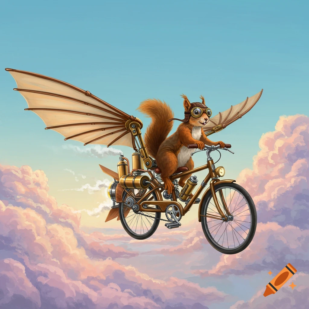A cute squirrel in aviator goggles pilots a steampunk flying bicycle through a cloudy sky in a vibrant, painterly style.