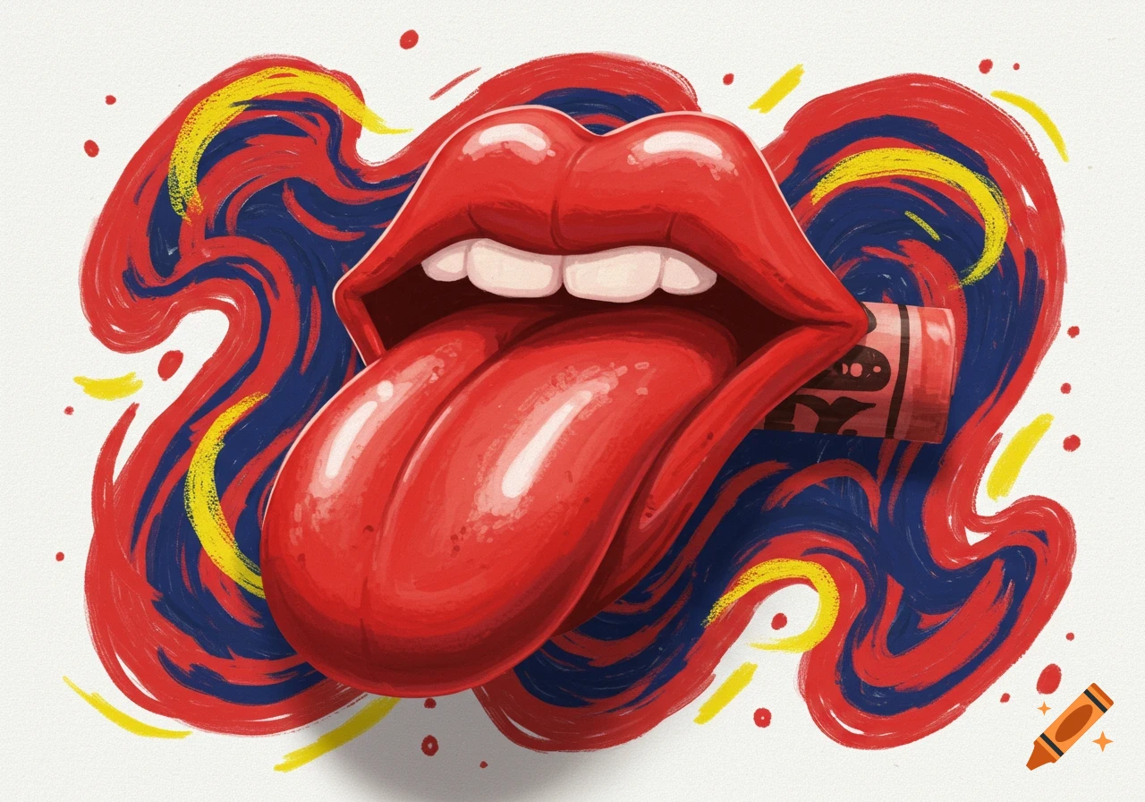 A vibrant pop art illustration of a red mouth with a long tongue holding a crayon, surrounded by colorful abstract swirls.