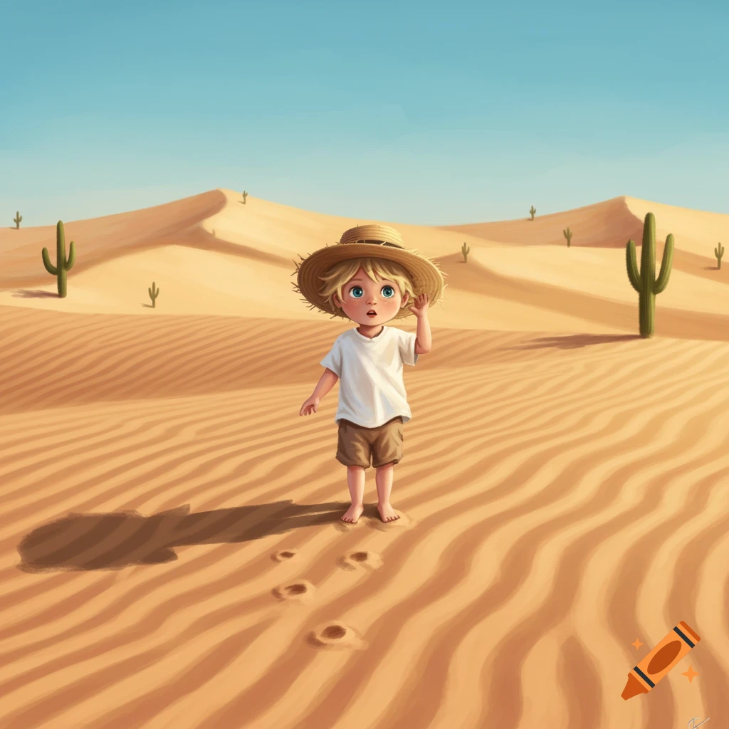 A wide-eyed boy in a straw hat stands in a vast desert with sand dunes and cacti, leaving footprints, in a charming illustration.