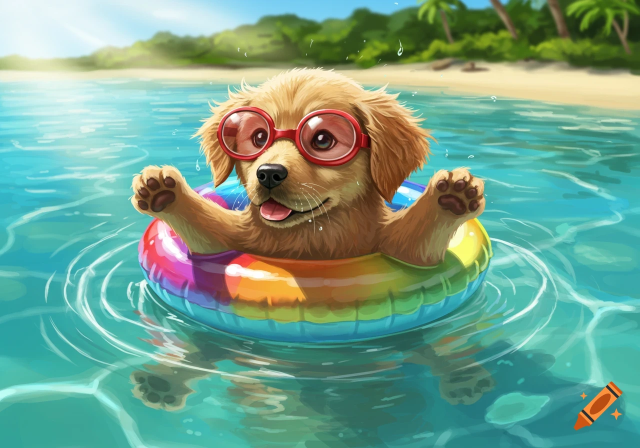 A cute cartoon golden retriever puppy wearing red goggles and a rainbow floaty, swimming happily in clear blue ocean water with a sunny beach in the background.