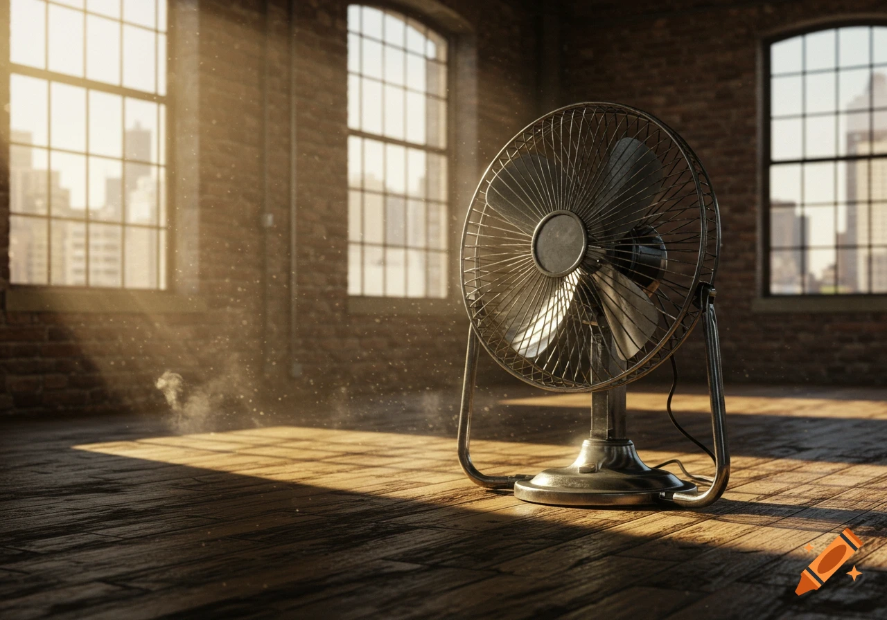 Photorealistic image of a standing fan on a wooden floor in a sunlit brick room with large windows, dust motes visible in the light.