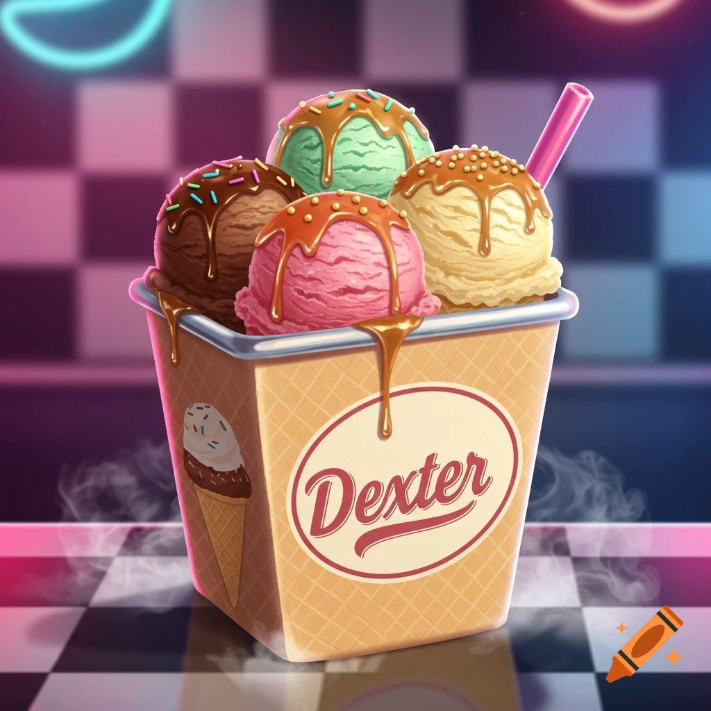 Illustration of a waffle-textured cup filled with four scoops of ice cream (chocolate, mint, pink, vanilla), caramel, sprinkles, and a 'Dexter' label, on a checkered table.