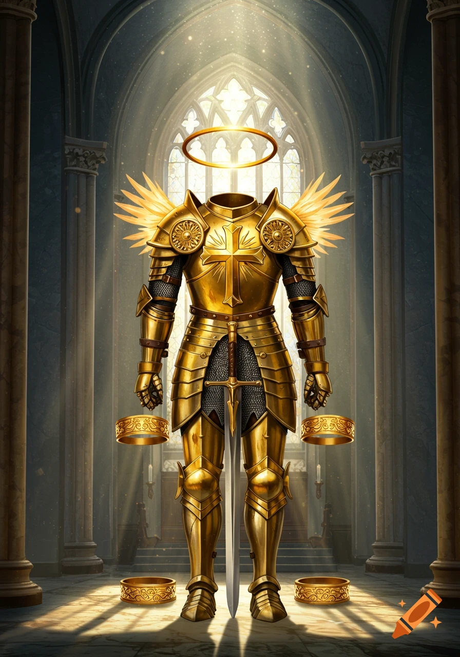 Golden armor with a cross, a halo, and wings stands in a cathedral with golden rings around its feet.