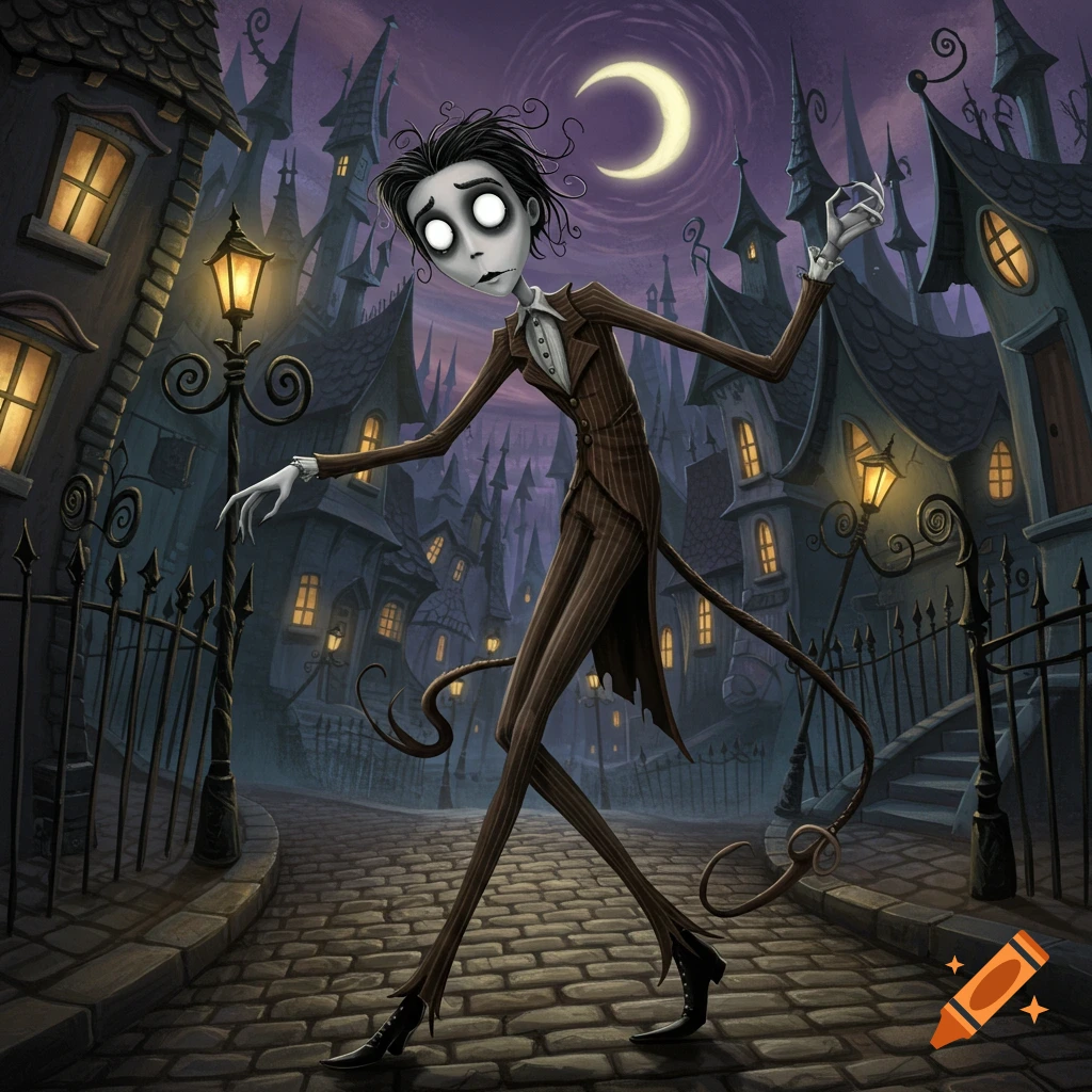 Tim Burton-style gaunt character with glowing eyes walks down a spooky gothic street under a crescent moon.
