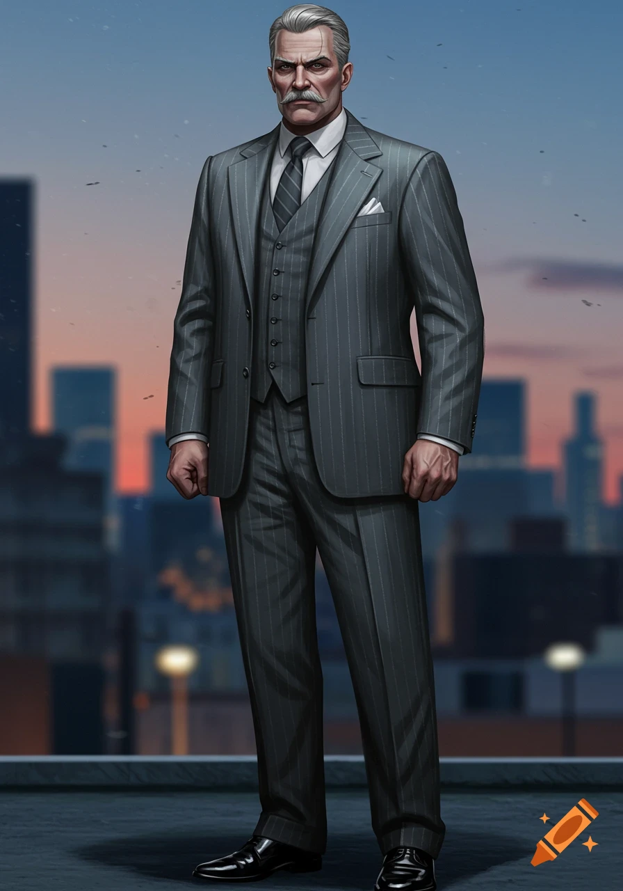 A stern, gray-haired man with a mustache in a pinstripe suit stands on a rooftop against a blurred city sunset. Realistic illustration.