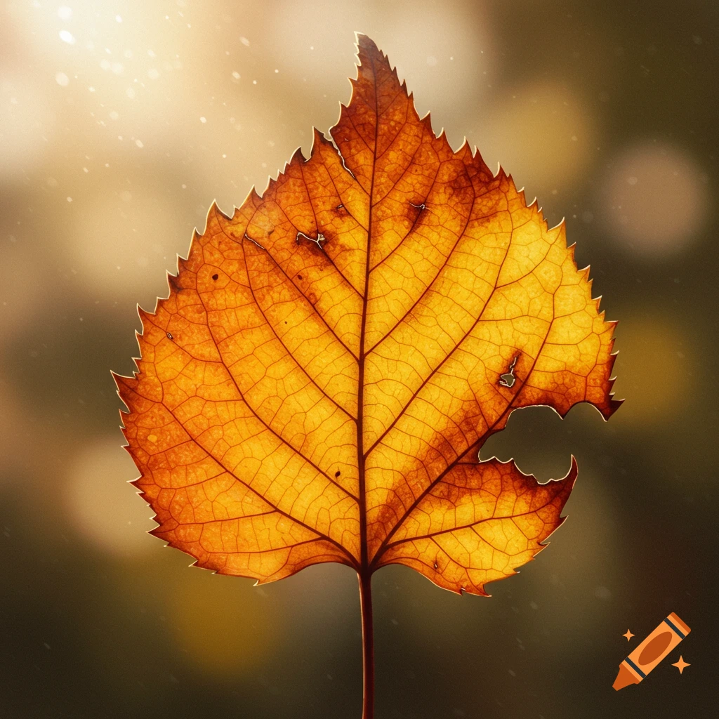 Photorealistic close-up of a golden autumn leaf, partially crumbling, backlit by soft sun against a blurred natural background.