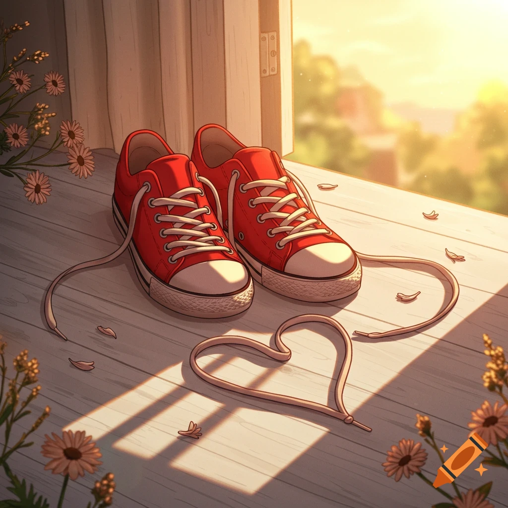 Illustrated red sneakers with laces forming a heart on a wooden floor by a sunlit window with flowers.