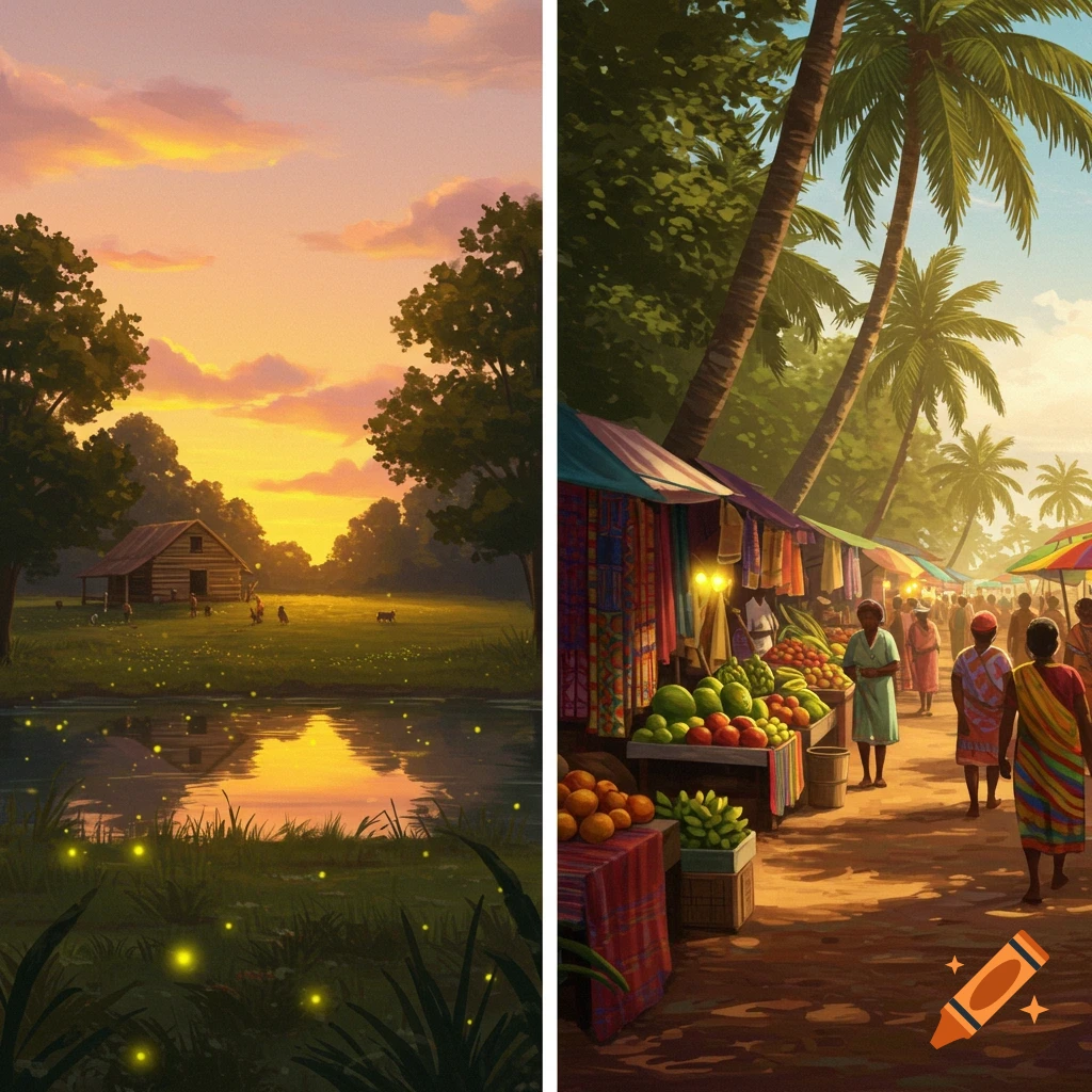 A diptych illustration. Left: A cabin by a pond with fireflies at sunset. Right: A bustling tropical market with fruit stalls and people.