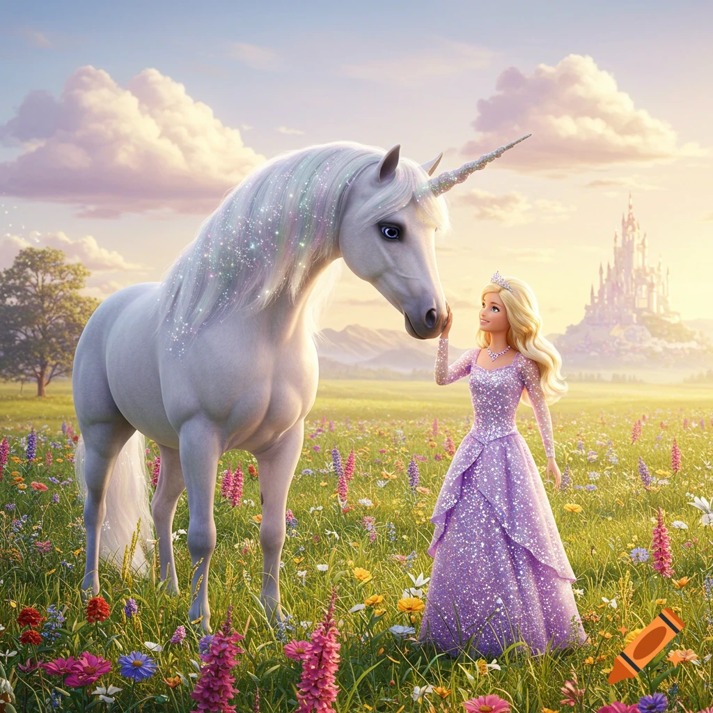 A Barbie-like princess in a sparkling purple gown gently pets a majestic white unicorn in a vibrant flower meadow with a castle in the background.