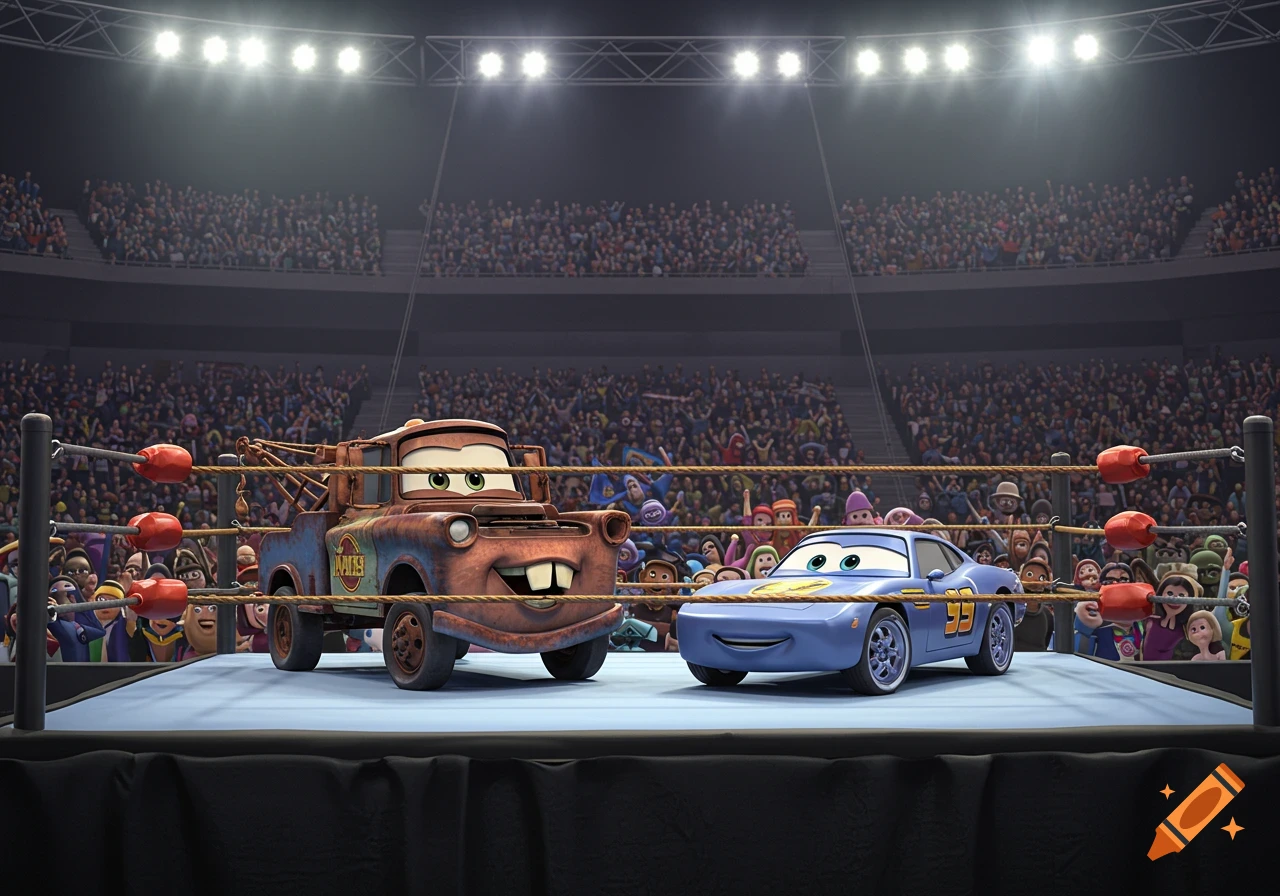 Tow Mater and a blue racing car with '95' are in a wrestling ring, surrounded by a cheering crowd in a stadium. Brightly lit in Pixar animation style.