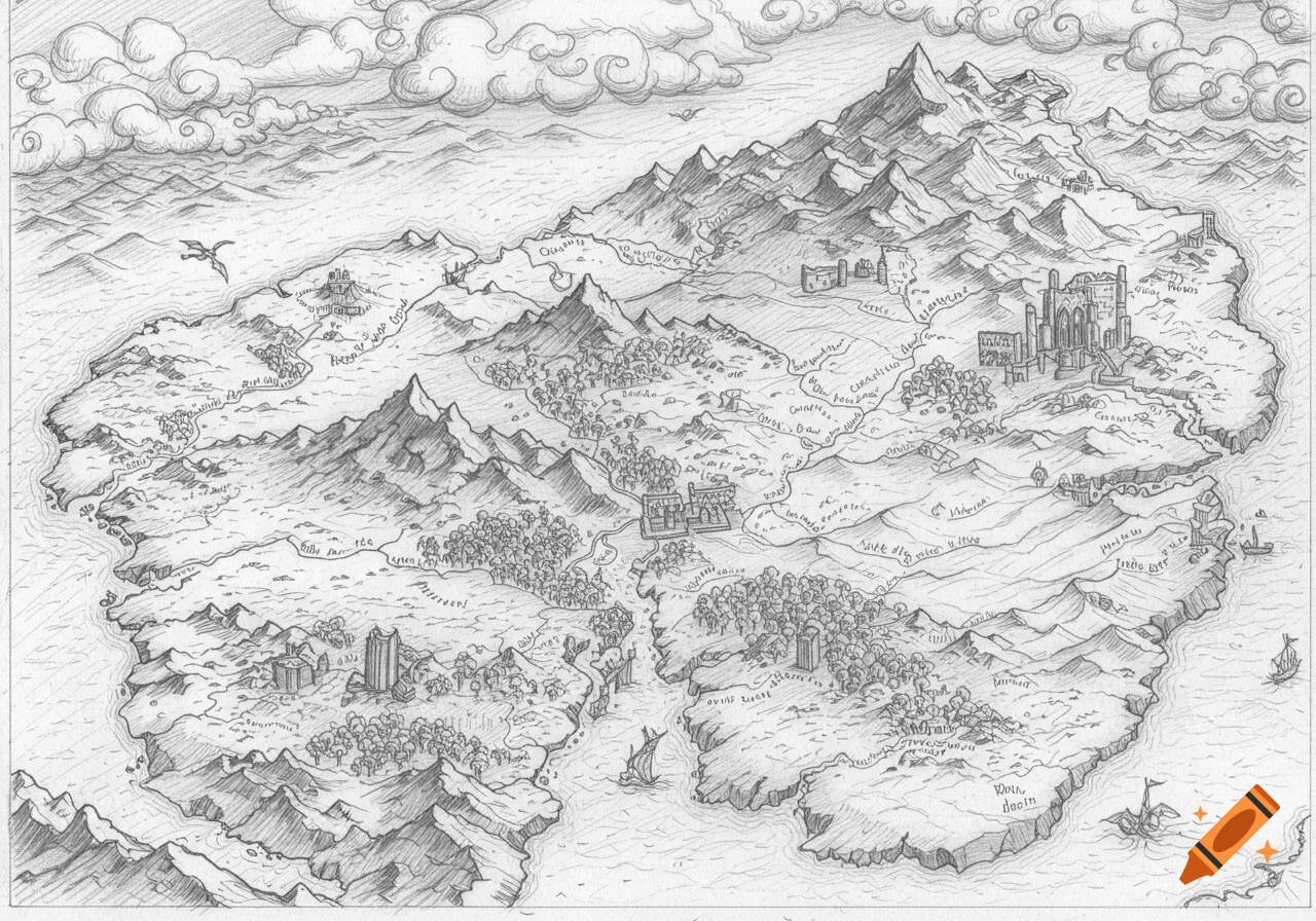 Pencil sketch of an isometric fantasy world map with mountains, forests, rivers, and buildings, featuring ships in the water.