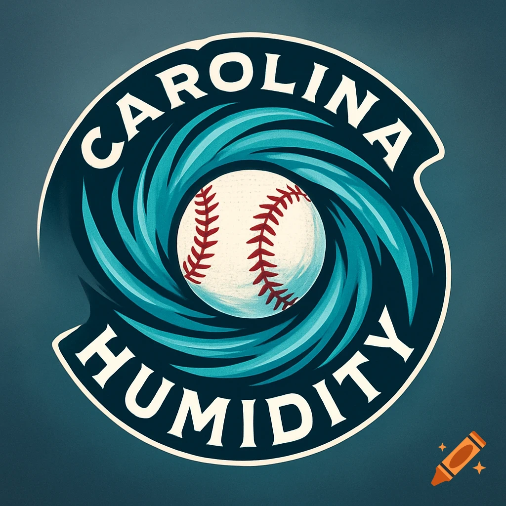 A circular baseball team logo with a baseball at the center, surrounded by swirling blue and teal patterns. The text "CAROLINA" is curved above and "HUMIDITY" is curved below.
