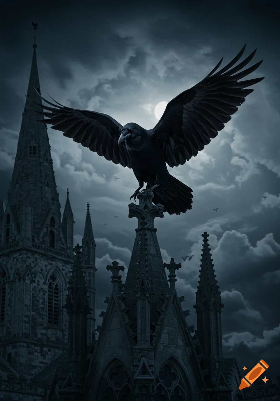 A majestic black raven with spread wings perched on a gothic church spire under a dark, cloudy sky with a full moon.