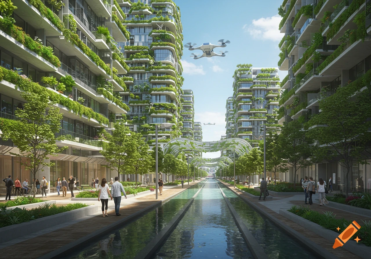 Photorealistic render of a futuristic city street with lush green buildings, a water canal, people walking, and a drone flying overhead.