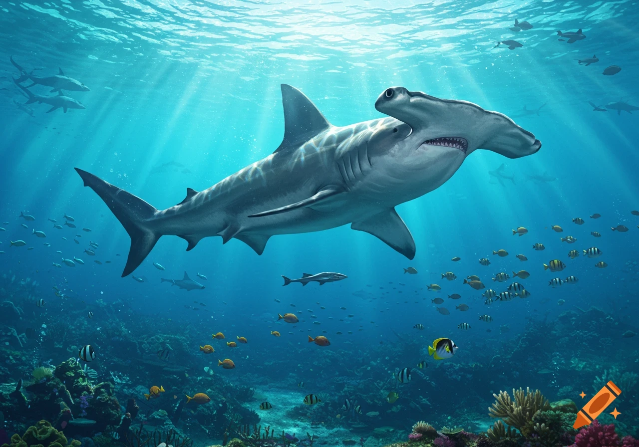 A majestic hammerhead shark swims above a vibrant coral reef in clear blue ocean water, surrounded by schools of fish.