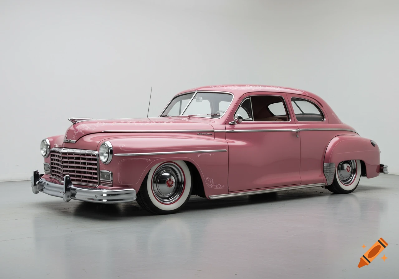 A pink, lowered vintage car with whitewall tires and chrome accents on a white background.