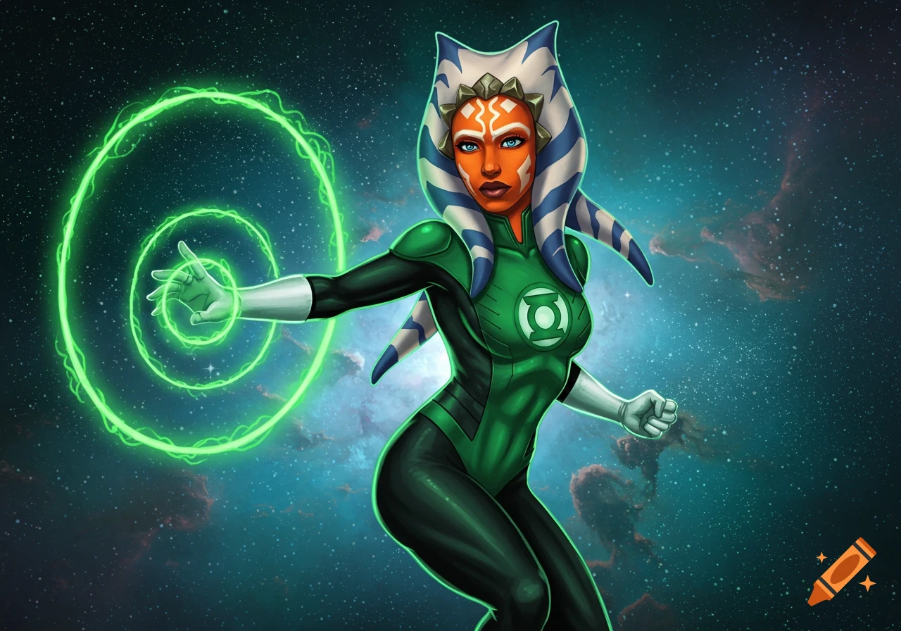 Ahsoka Tano in a Green Lantern uniform, generating a green energy spiral in space, drawn in a vibrant comic book style.