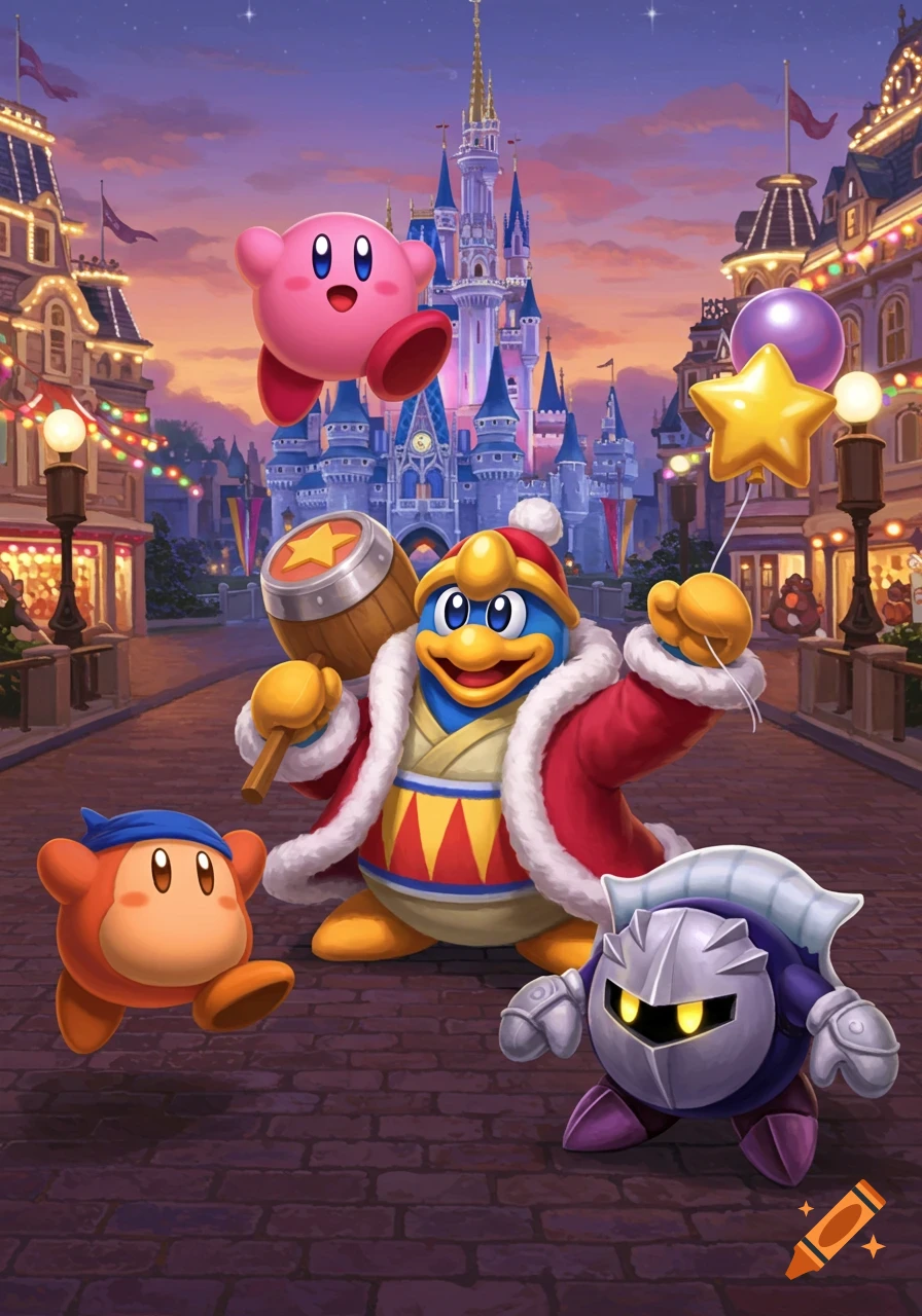 Kirby characters including Kirby, King Dedede, and Meta Knight in a vibrant, stylized Disney-like theme park setting at sunset.
