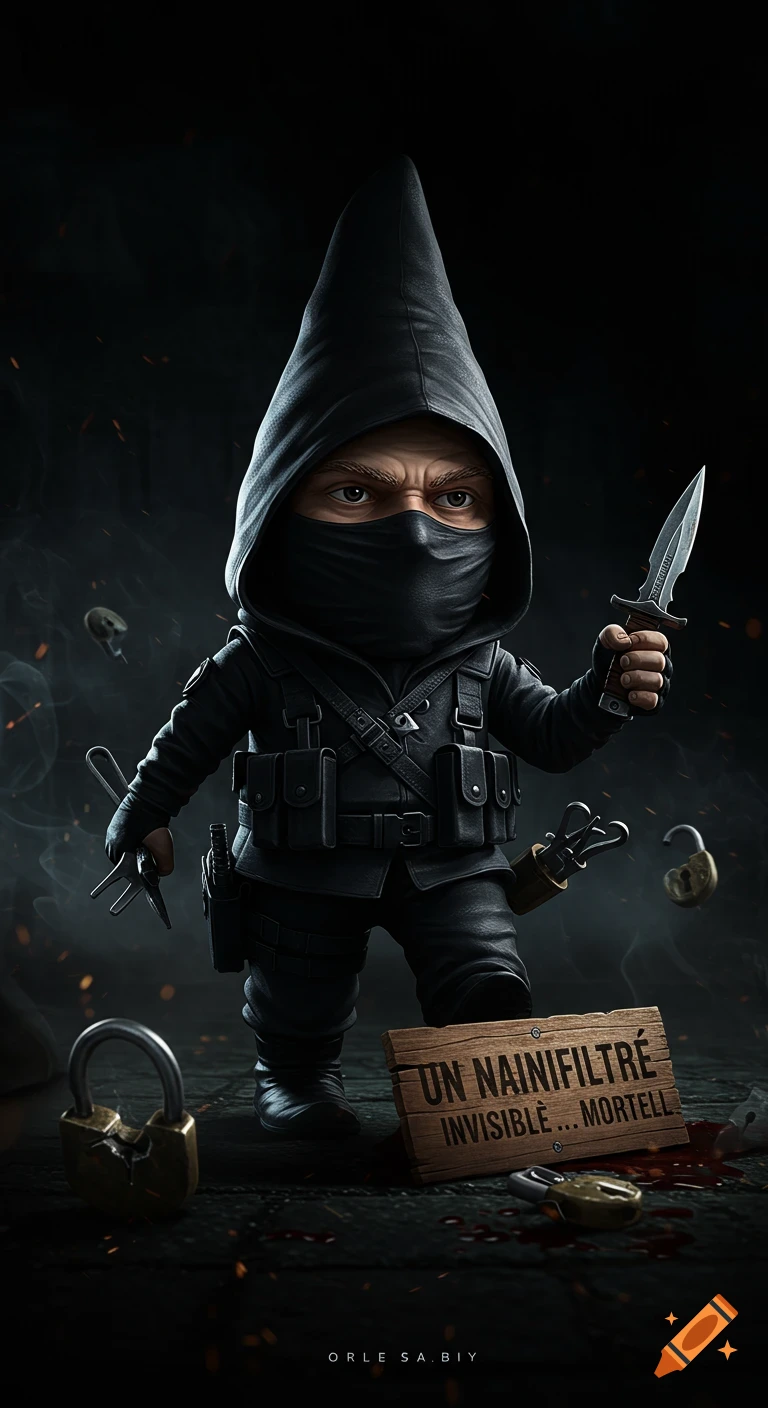 A detailed illustration of a stealthy gnome in a black hood and tactical gear, holding a dagger and lockpicks, with broken padlocks and smoke around him.