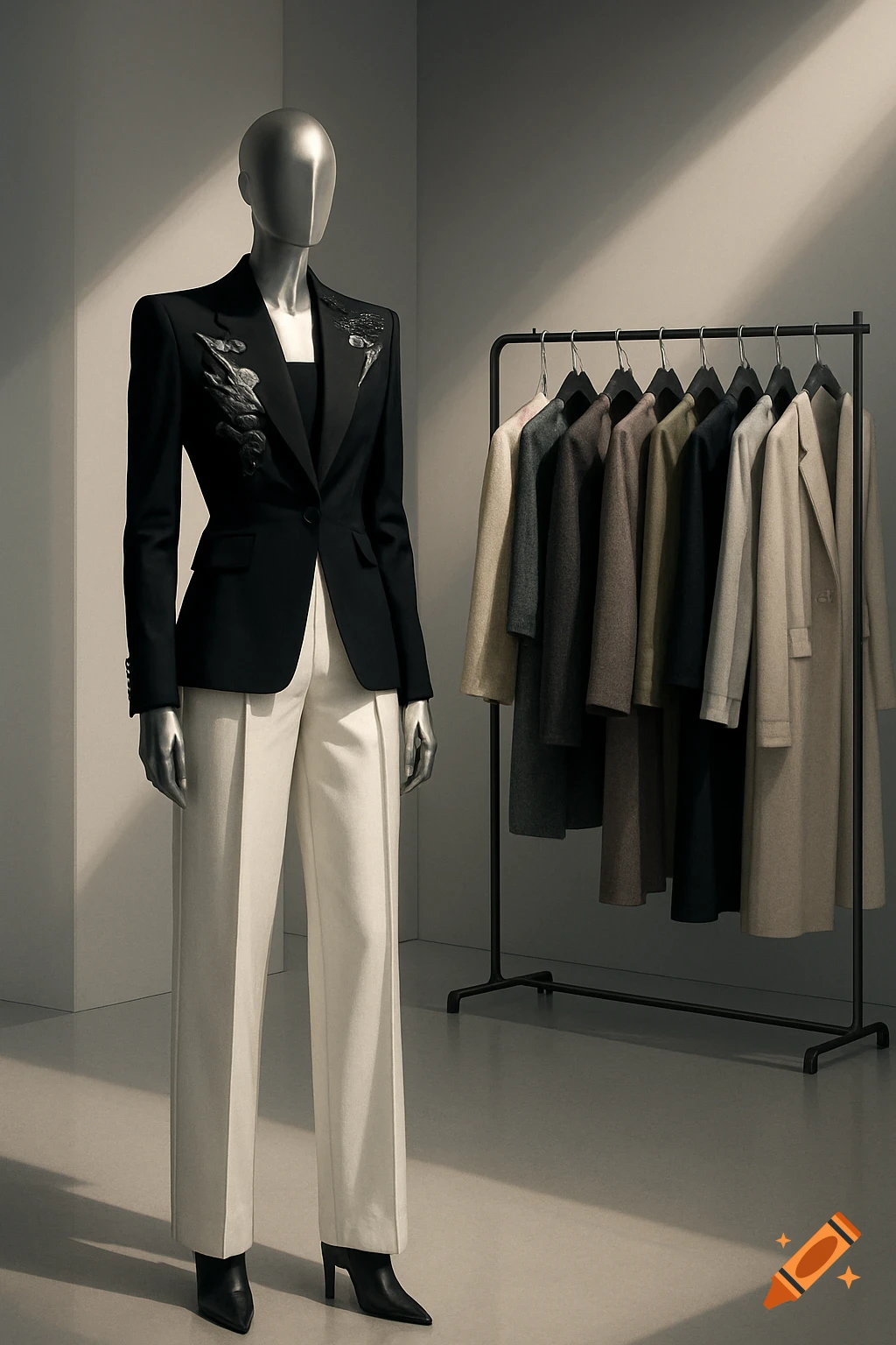A silver mannequin wearing a black blazer, white pants, and black shoes stands next to a clothing rack with coats in a modern room.