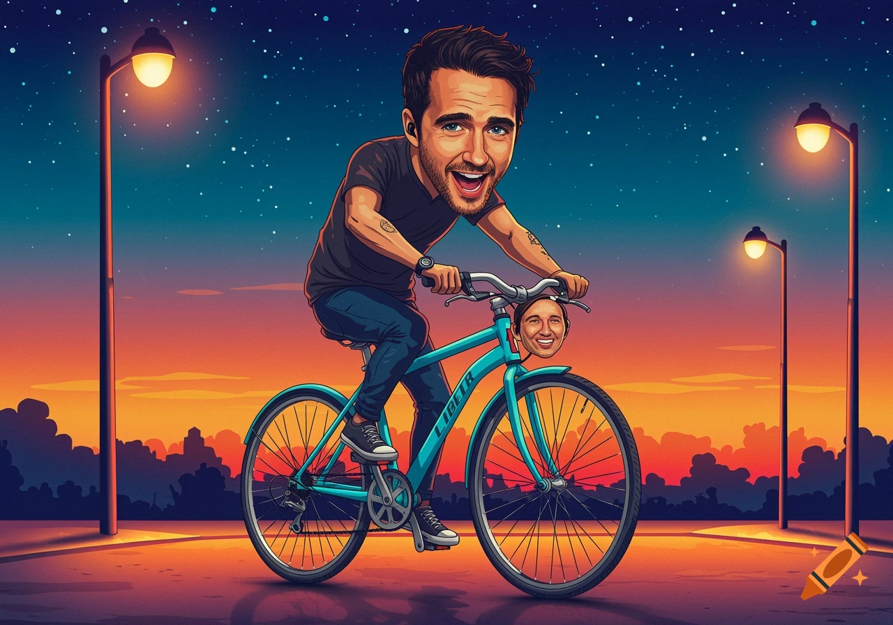 A cheerful, caricatured man with a large head rides a light blue bicycle at dusk, with a second face attached to the bike's front.