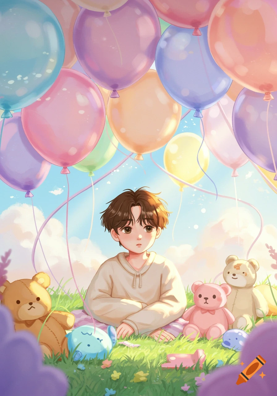 An anime-style illustration of a young boy sitting in a grassy field surrounded by colorful balloons and stuffed animals.