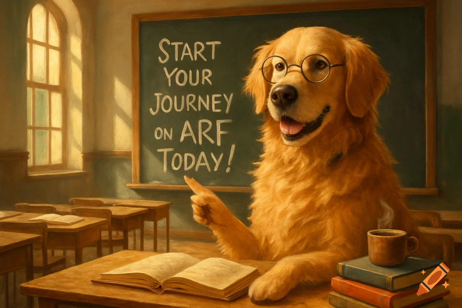 A golden retriever wearing glasses, acting as a teacher in a classroom, points to a chalkboard that reads "START YOUR JOURNEY ON ARF TODAY!"