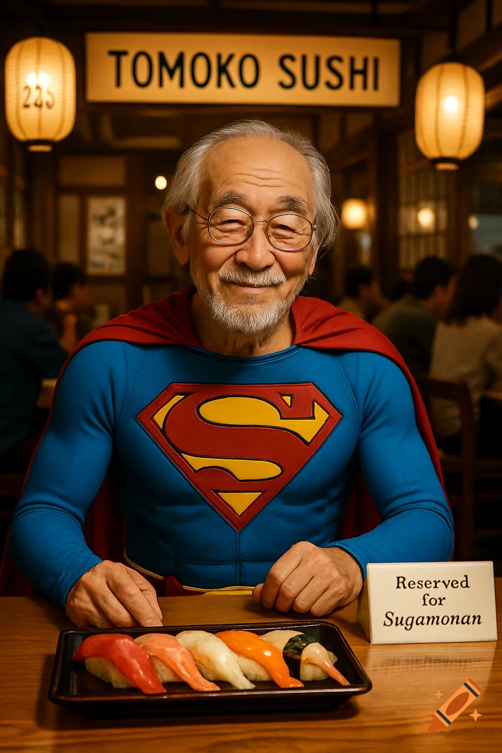 A smiling, elderly Japanese man in a Superman costume sits at a sushi bar with a reserved sign and a plate of sushi.