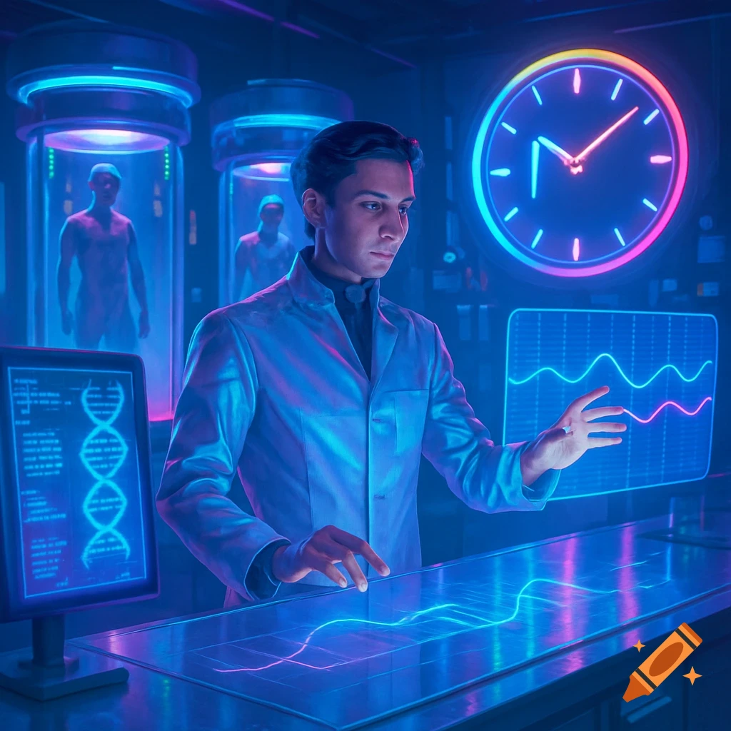 A scientist in a lab coat interacts with glowing holographic screens showing data and graphs in a futuristic, neon-lit laboratory with cloning tanks in the background.